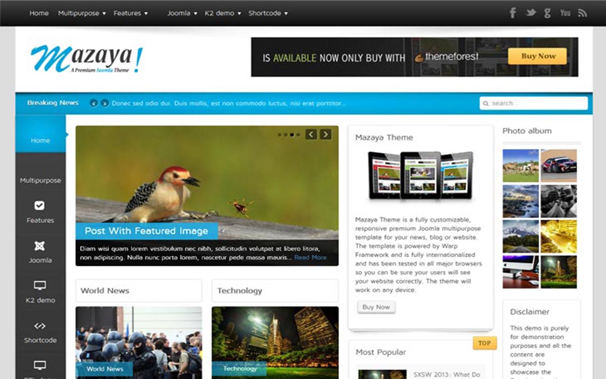 Mazaya Responsive Joomla News, Multipurpose Theme